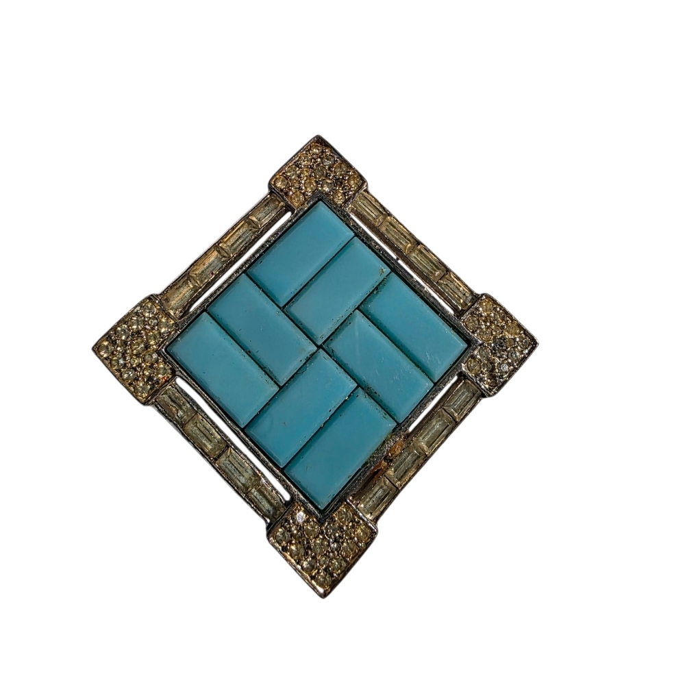 Vintage Jomaz Paved Brooch Turquoise  Rhinestone Pin Slide Signed Joseph Mazer